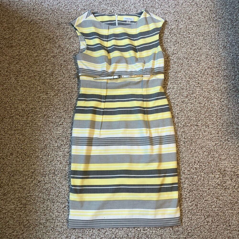 Calvin Klein Striped Dress Womens 8 Gray Yellow Preppy Coastal Sleeveless Belt